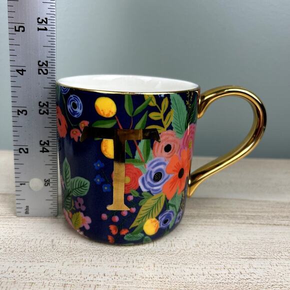 Anthropologie x Rifle Paper Co T Initial Mug Boho Floral Blue Coffee Cup Anthro - Picture 12 of 12